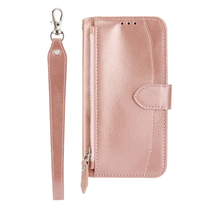 For Samsung Galaxy S26 Case Zipper Pocket Leather Phone Cover with Crossbody Shoulder Strap - Rose Gold