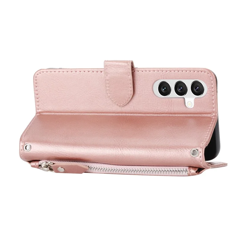 For Samsung Galaxy S26 Case Zipper Pocket Leather Phone Cover with Crossbody Shoulder Strap - Rose Gold
