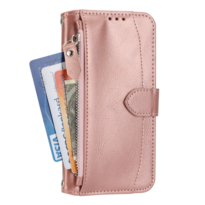 For Samsung Galaxy S26 Case Zipper Pocket Leather Phone Cover with Crossbody Shoulder Strap - Rose Gold