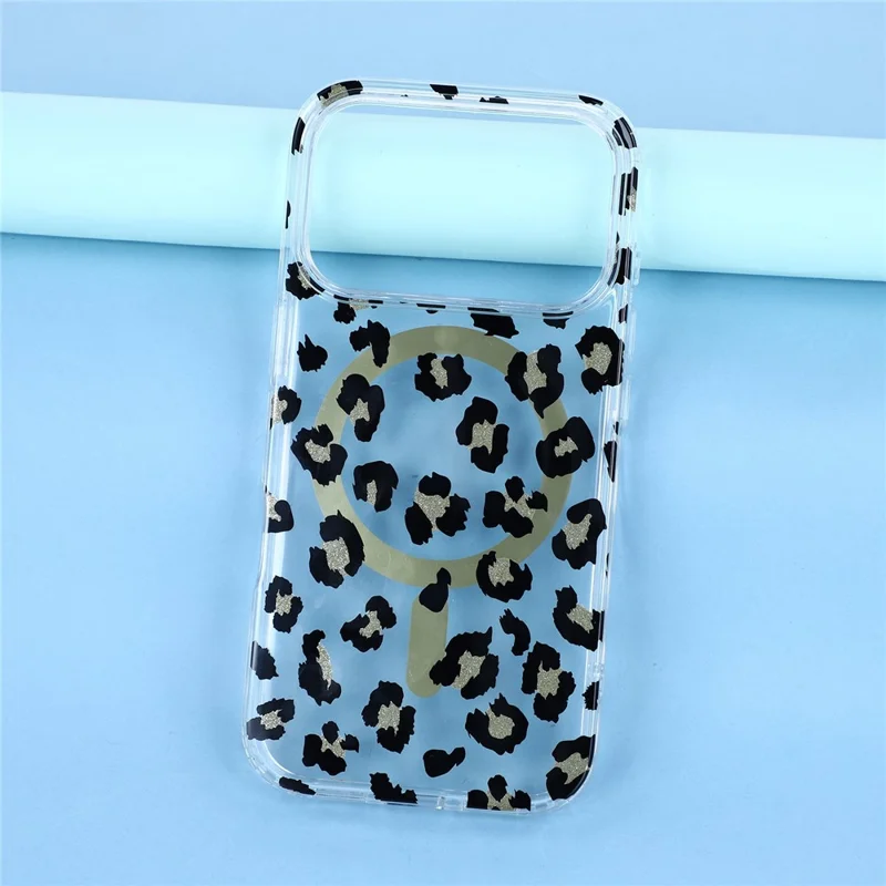 Coque magnétique pour iPhone 17 Pro, coque arrière transparente anti-oxydation en PC + TPU avec motif léopard - Noir