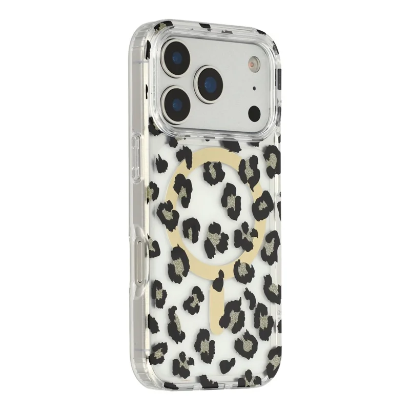 For iPhone 17 Pro Max Magnetic Case Clear Anti-Yellowing PC + TPU Phone Back Cover Leopard Print Design - Black