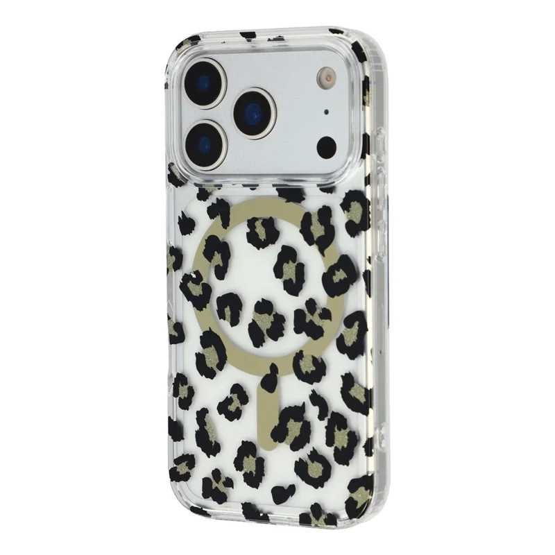 For iPhone 17 Pro Max Magnetic Case Clear Anti-Yellowing PC + TPU Phone Back Cover Leopard Print Design - Black