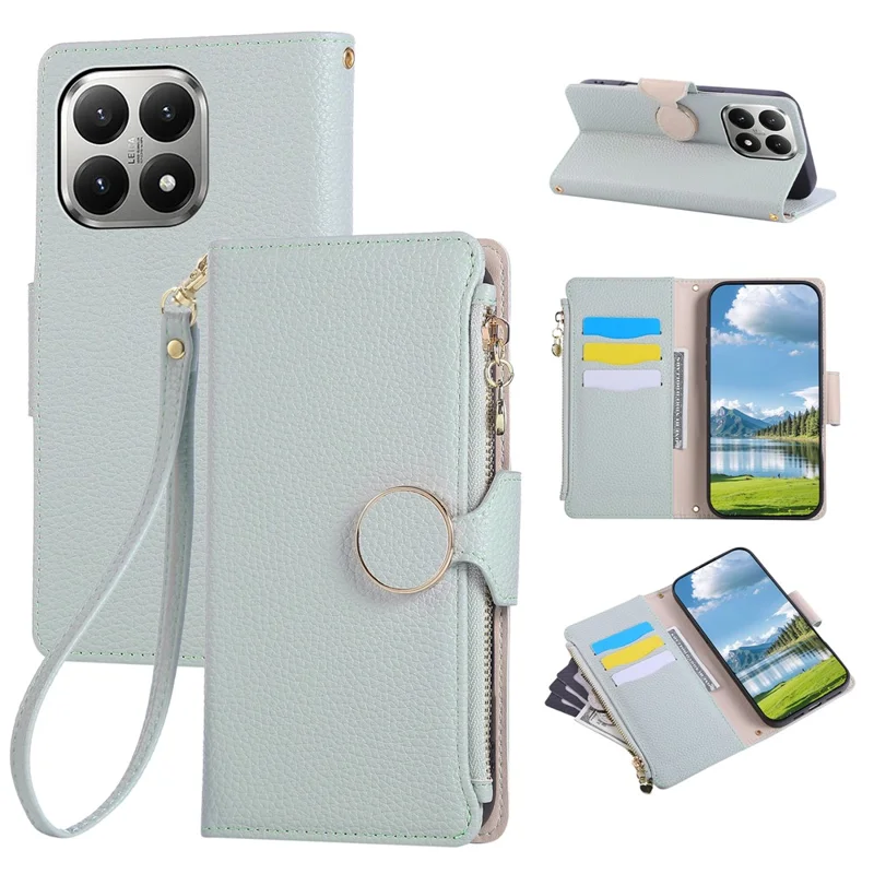 For Xiaomi 15T Case Zipper Wallet Leather Phone Cover with Wrist Strap - Cyan