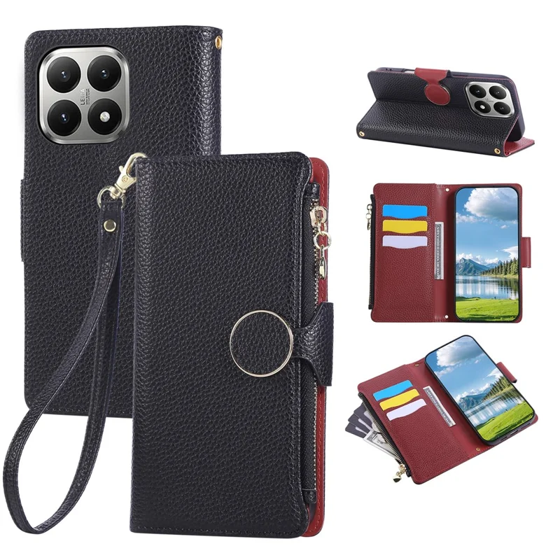 For Xiaomi 15T Case Zipper Wallet Leather Phone Cover with Wrist Strap - Black