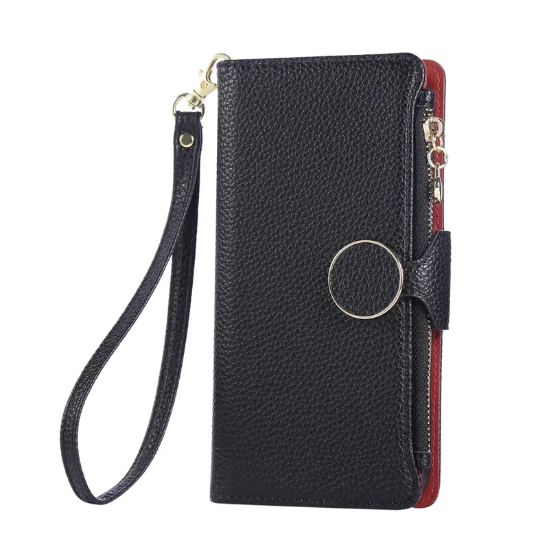 For Xiaomi 15T Case Zipper Wallet Leather Phone Cover with Wrist Strap - Black