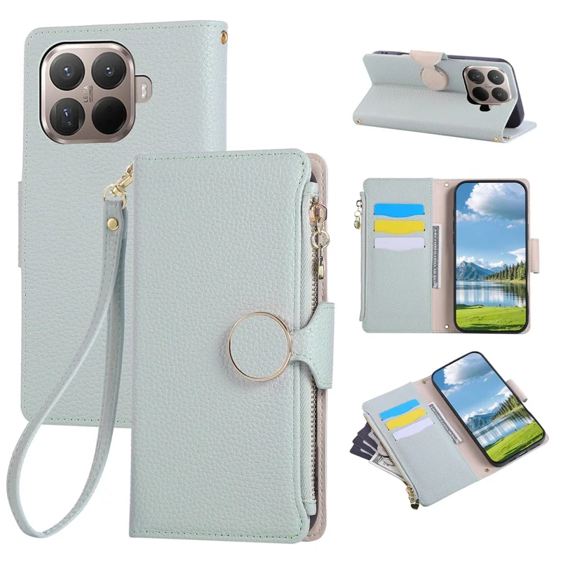 For Xiaomi 15T Pro Case Zipper Wallet Leather Phone Cover with Wrist Strap - Cyan