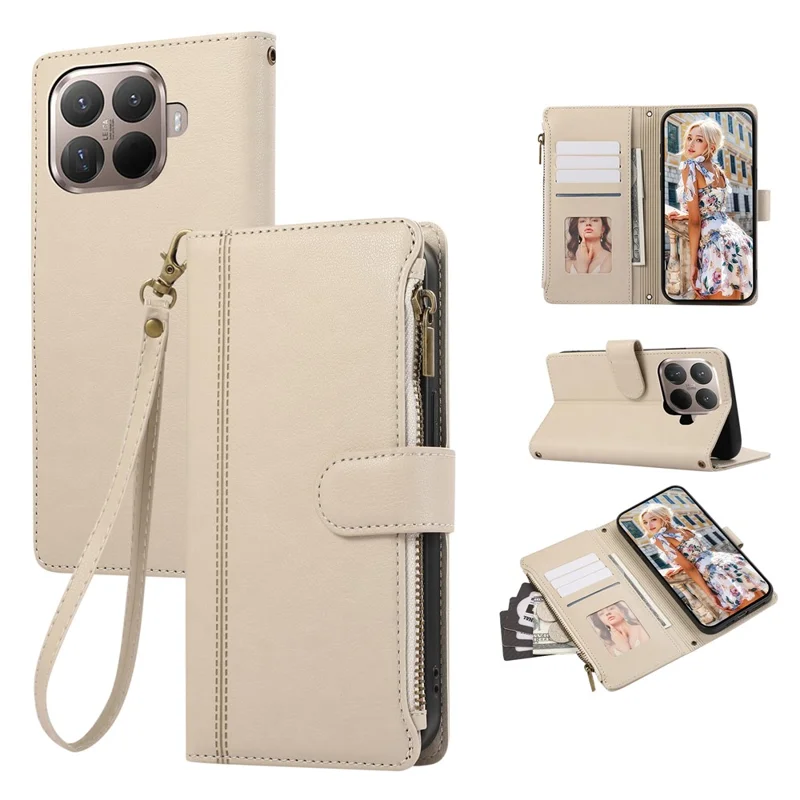 Étui pour Xiaomi 15T Pro avec plusieurs fentes pour cartes, pochette portefeuille à fermeture éclair en cuir avec dragonne - Beige