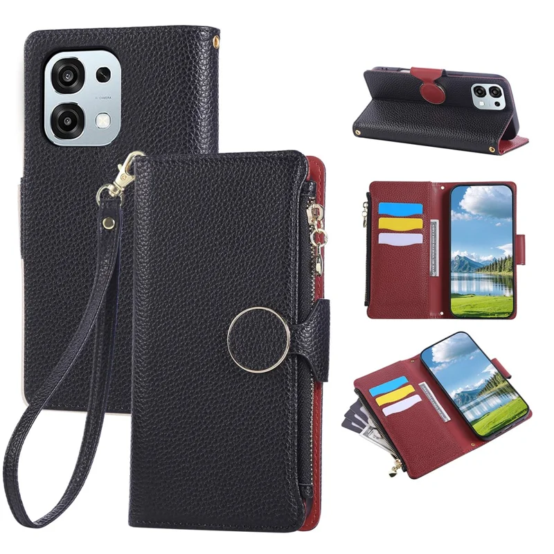 Capa de Telemóvel com Carteira de Zíper em Pele para Oppo A6 Pro 5G com Alça de Pulso - Preto