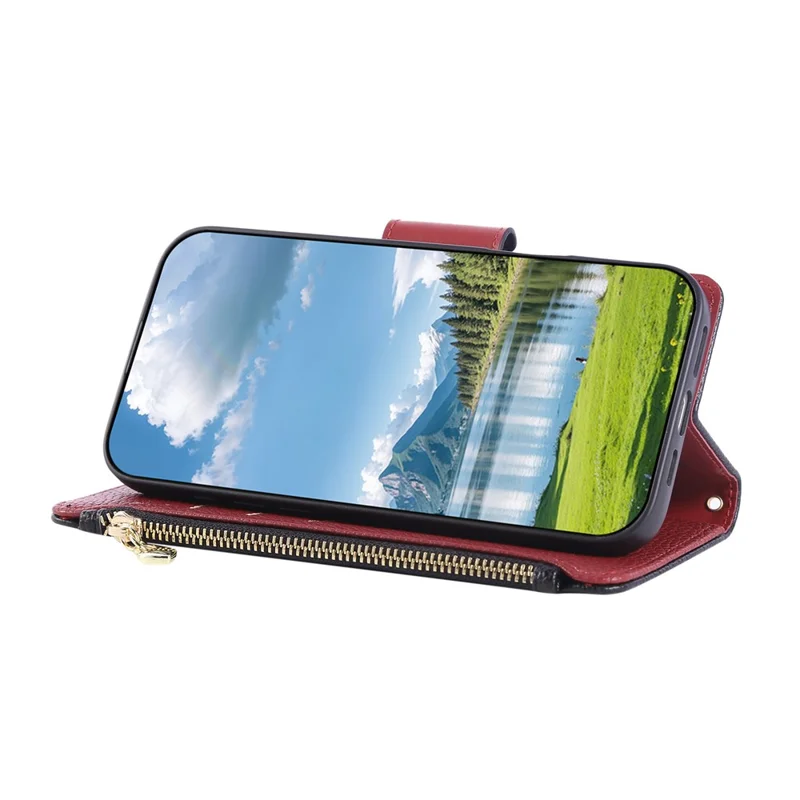 Capa de Telemóvel com Carteira de Zíper em Pele para Oppo A6 Pro 5G com Alça de Pulso - Preto