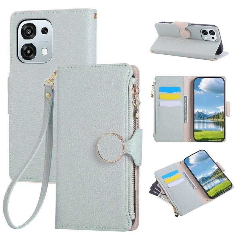 For Oppo A6 Pro 5G Case Zipper Wallet Leather Phone Cover with Wrist Strap - Cyan