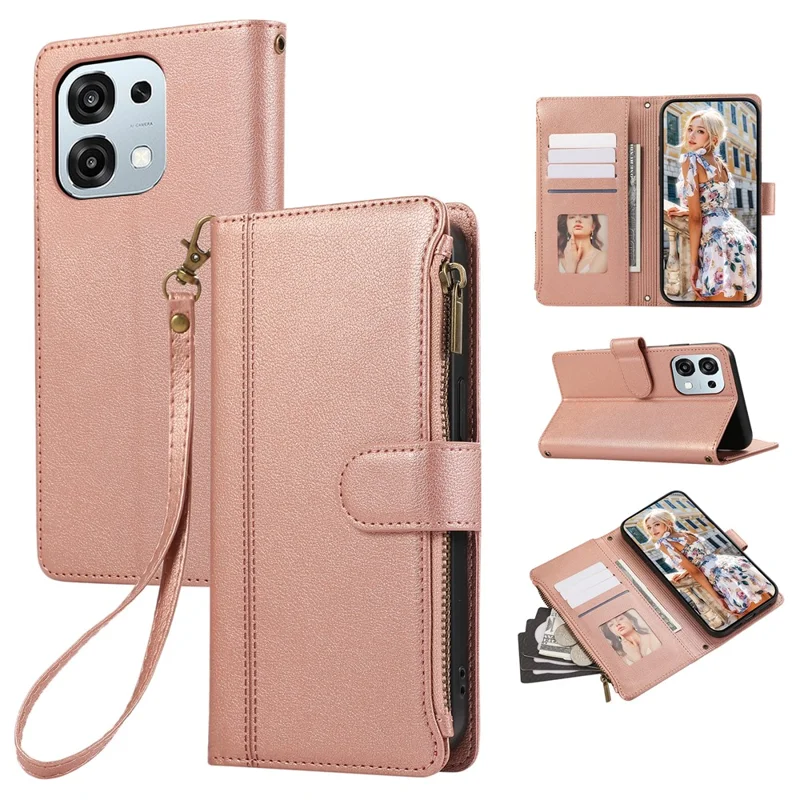 Oppo A6 Pro 5G hoesje met meerdere kaartsleuven, portemonnee van leer met ritssluiting en polsbandje - Roze goud