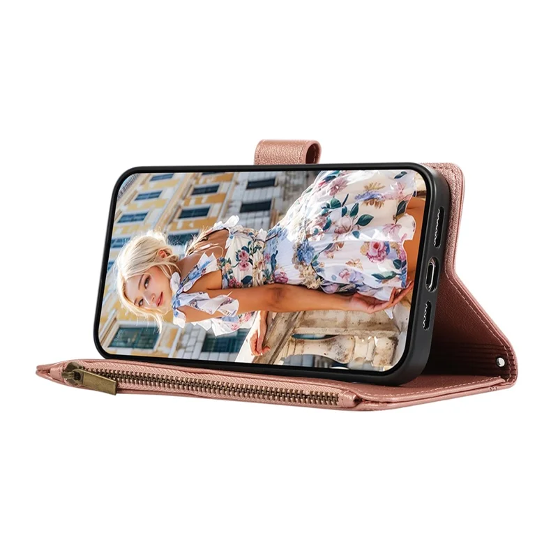 Oppo A6 Pro 5G hoesje met meerdere kaartsleuven, portemonnee van leer met ritssluiting en polsbandje - Roze goud