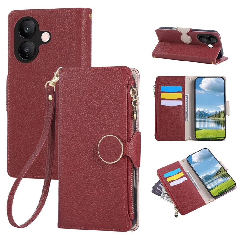 Чехол для vivo V60 Lite 5G с застежкой-молнией, кожаный чехол-кошелек с ремешком на запястье — винный красный
