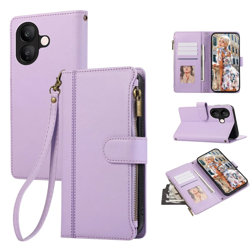 For vivo V60 Lite 5G Case Multi Card Slots Zipper Leather Phone Cover with Wrist Strap - Purple