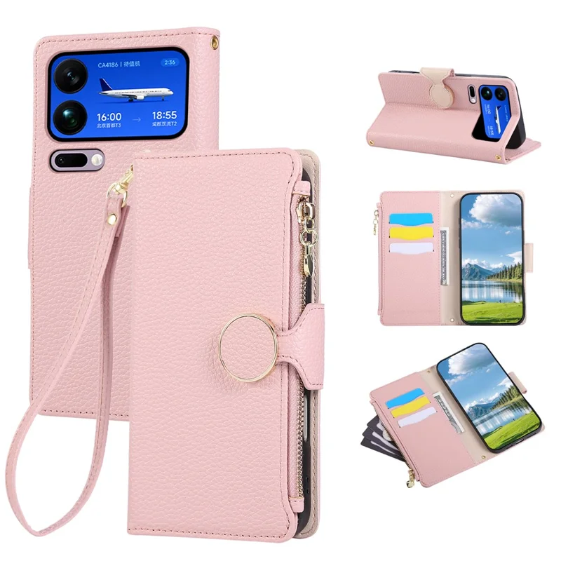 Funda con billetera con cremallera para Xiaomi 17 Pro Max, funda de cuero con correa de muñeca - Rosa