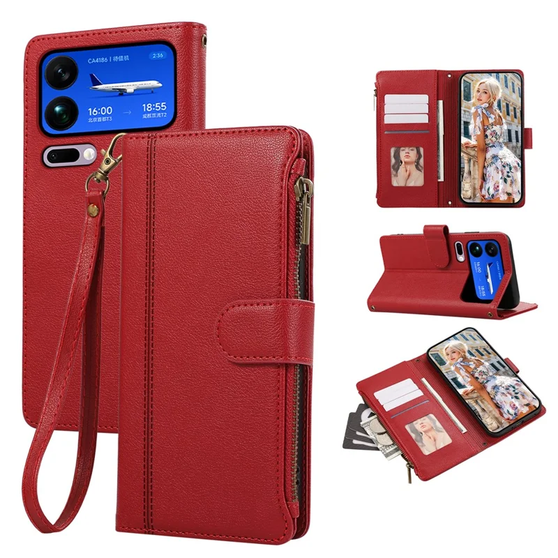 For Xiaomi 17 Pro Max Case Multi Card Slots Zipper Leather Phone Cover with Wrist Strap - Red