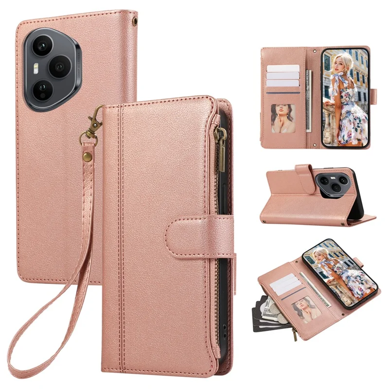 For Honor 400 Pro 5G (Global) Case Multi Card Slots Zipper Leather Phone Cover with Wrist Strap - Rose Gold