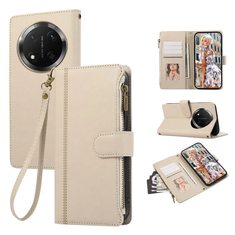 Phone Case For Honor X60 Pro 5G  /  X9c 5G  /  Magic7 Lite 5G Multi Card Slots Zipper Leather Phone Cover with Wrist Strap - Beige