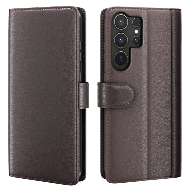 AMORUS For Samsung Galaxy S24 Ultra Stand Cases Calf Texture Genuine Split Leather Wallet Phone Cover - Brown