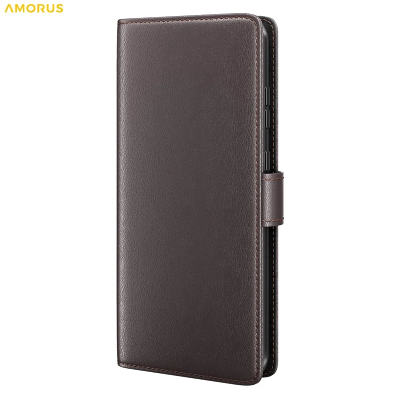 AMORUS For Samsung Galaxy S24 Ultra Stand Cases Calf Texture Genuine Split Leather Wallet Phone Cover - Brown