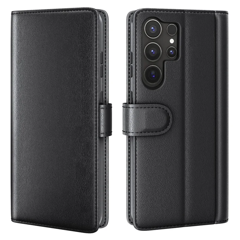AMORUS For Samsung Galaxy S22 Ultra 5G Stand Cases Calf Texture Genuine Split Leather Wallet Phone Cover - Black
