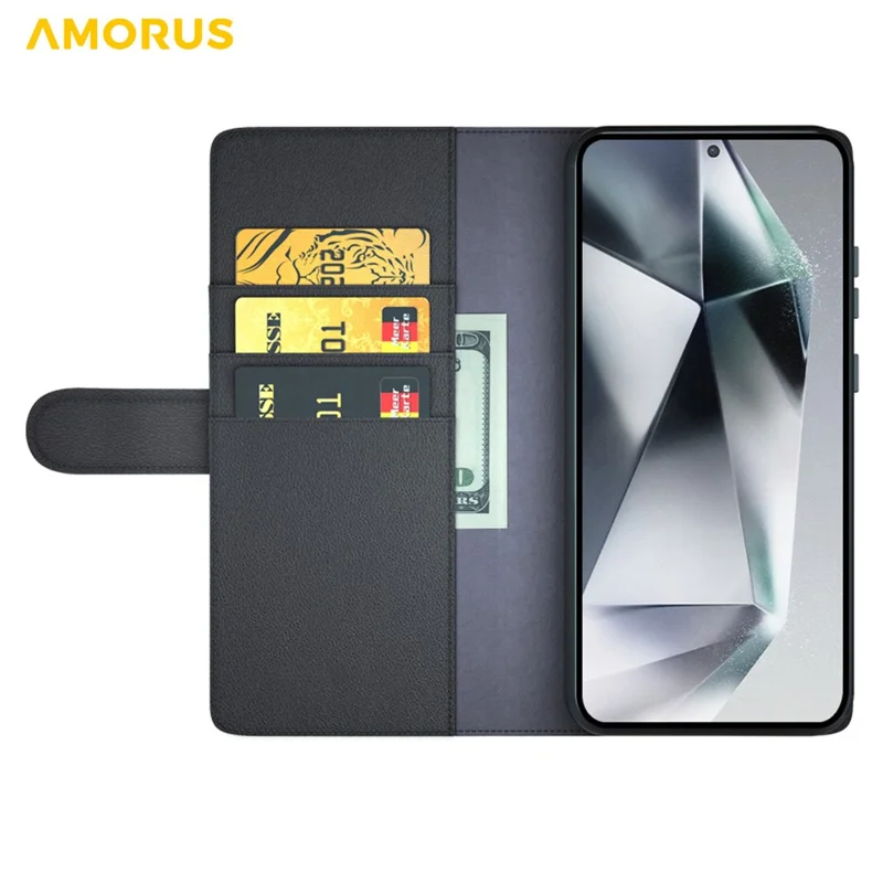 AMORUS For Samsung Galaxy S22 Ultra 5G Stand Cases Calf Texture Genuine Split Leather Wallet Phone Cover - Black