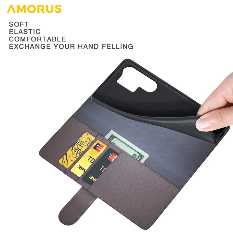 AMORUS For Samsung Galaxy S22 Ultra 5G Stand Cases Calf Texture Genuine Split Leather Wallet Phone Cover - Black