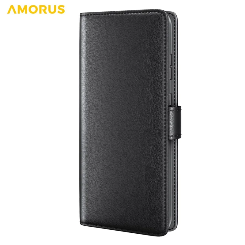 AMORUS For Samsung Galaxy S22 Ultra 5G Stand Cases Calf Texture Genuine Split Leather Wallet Phone Cover - Black