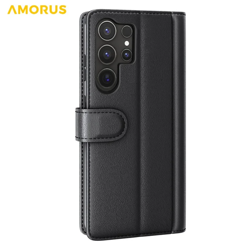 AMORUS For Samsung Galaxy S22 Ultra 5G Stand Cases Calf Texture Genuine Split Leather Wallet Phone Cover - Black
