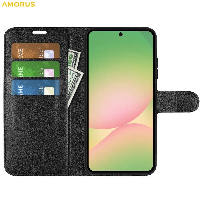 AMORUS voor Samsung Galaxy A57 Wallethoes met Litchi-structuur Stootvaste Leren Flipstandaard Telefoonhoes - Zwart