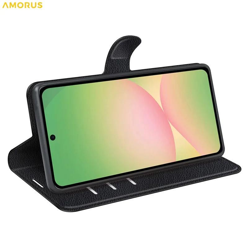 AMORUS voor Samsung Galaxy A57 Wallethoes met Litchi-structuur Stootvaste Leren Flipstandaard Telefoonhoes - Zwart