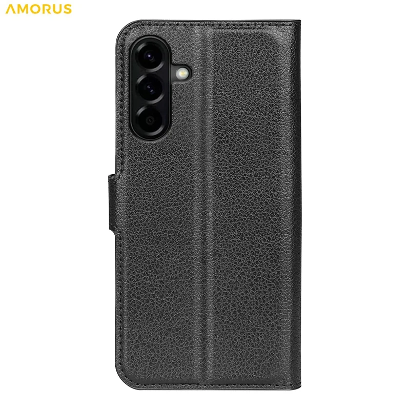 AMORUS voor Samsung Galaxy A57 Wallethoes met Litchi-structuur Stootvaste Leren Flipstandaard Telefoonhoes - Zwart