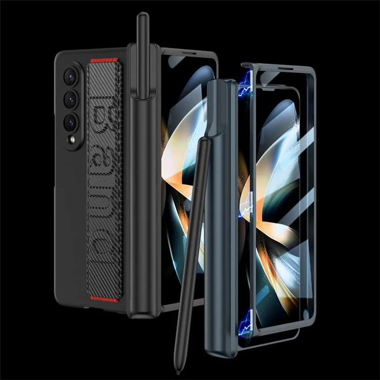 GKK Für Samsung Galaxy Z Fold4 5G Magnetic Schinge Hard PC Phone Case Armband Design Anti-droge All-inclusive-abdeckung Mit Temperamentvollem Glasfilm - Kohlefasertextur