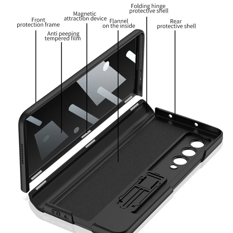 GKK For Samsung Galaxy Z Fold4 5G Magnetic Folding Case Anti-Thief Slim Phone Cover Drop-Proof Hard PC + Tempered Glass Case with Kickstand - Black