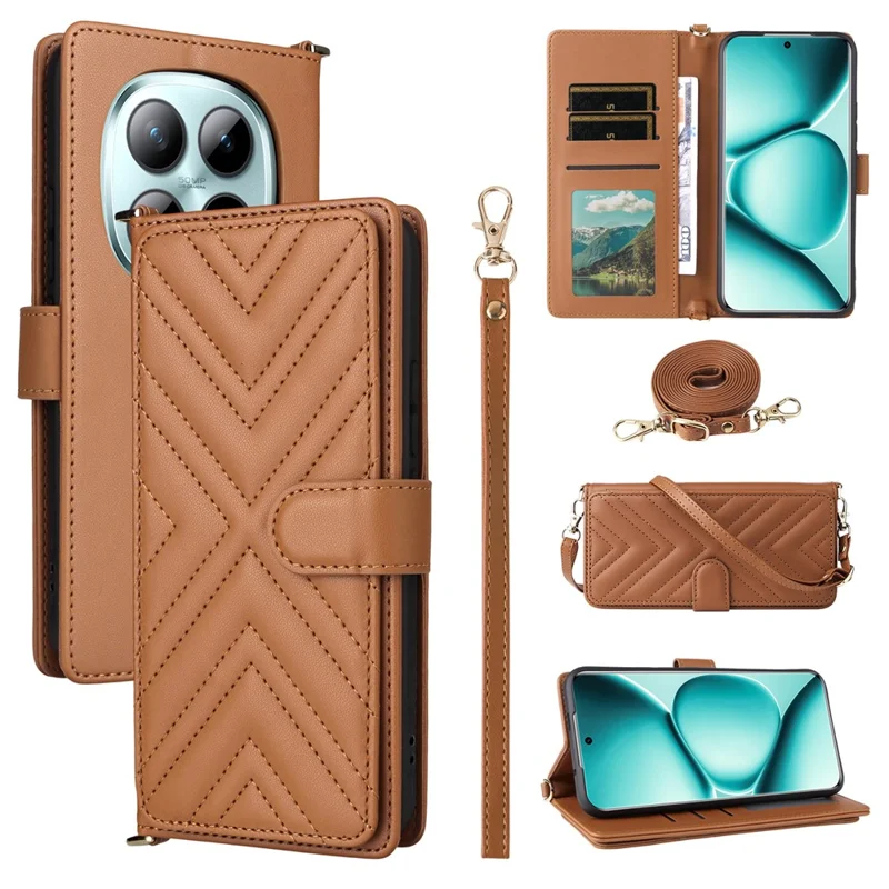 Чехол из искусственной кожи для Xiaomi Redmi Note 15 Pro 4G с подставкой, кошельком и наплечным/ручным ремешком - Коричневый