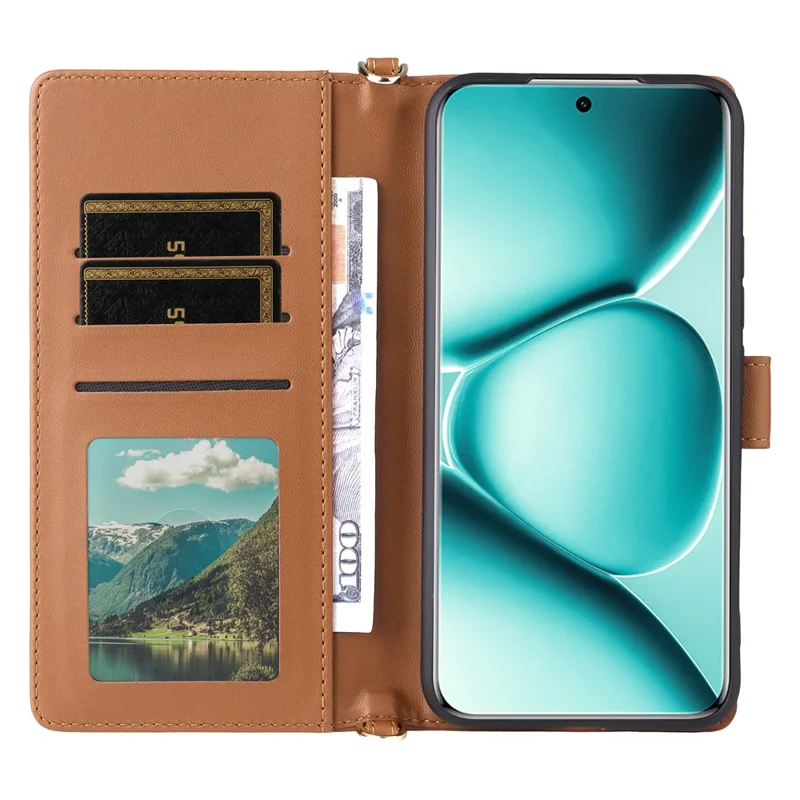 Чехол из искусственной кожи для Xiaomi Redmi Note 15 Pro 4G с подставкой, кошельком и наплечным/ручным ремешком - Коричневый