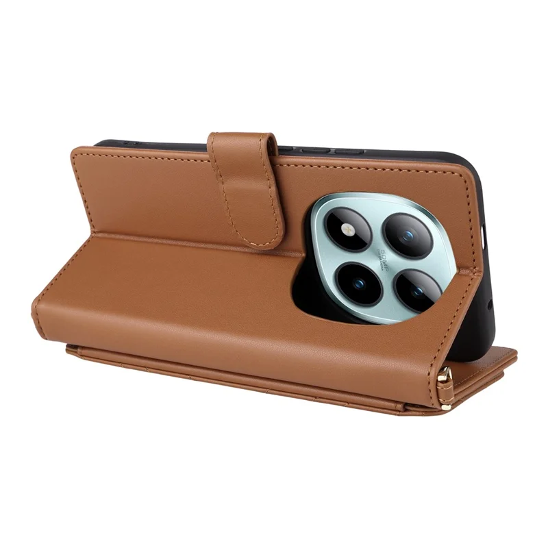 Чехол из искусственной кожи для Xiaomi Redmi Note 15 Pro 4G с подставкой, кошельком и наплечным/ручным ремешком - Коричневый
