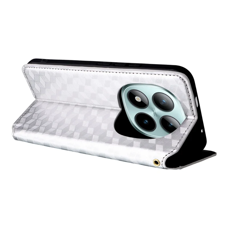 Funda cartera para Xiaomi Redmi Note 15 Pro 4G, funda tipo libro de cuero PU con diseño estampado de rombos - Plata