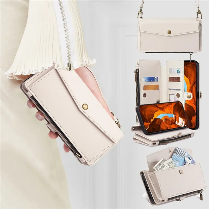 PU Leather Case for Honor 400 Smart 5G / 400 Smart 4G / X7d 4G Card Slots Zipper Purse Phone Cover with Shoulder Strap - White