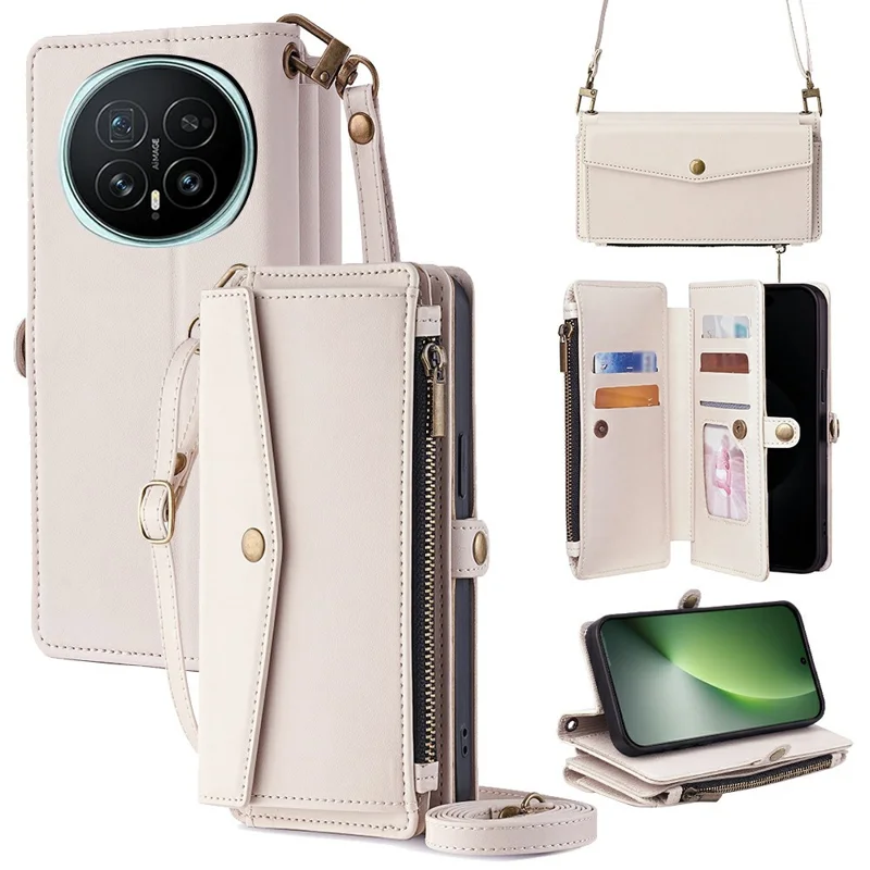 For Honor Magic8 5G Case Card Slots Zipper Purse PU Leather Phone Cover with Shoulder Strap - White