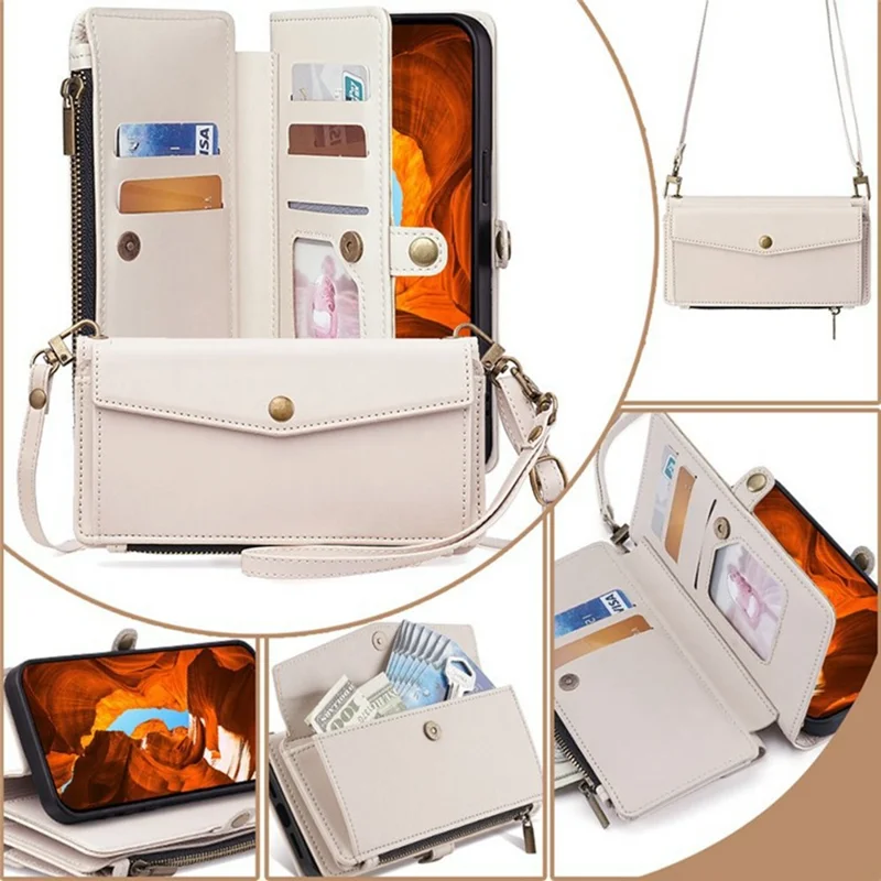 For Honor Magic8 5G Case Card Slots Zipper Purse PU Leather Phone Cover with Shoulder Strap - White