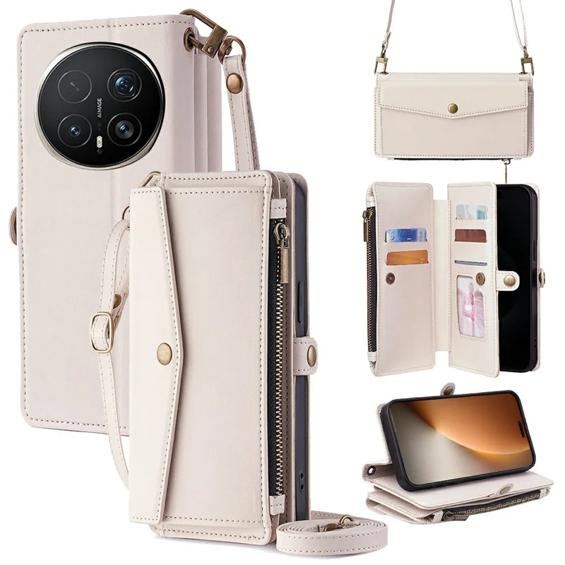 Für Honor Magic8 Pro 5G Hülle mit Kartenfächern, Reißverschlussbörse, PU-Leder-Handyhülle mit Schultergurt – Weiß
