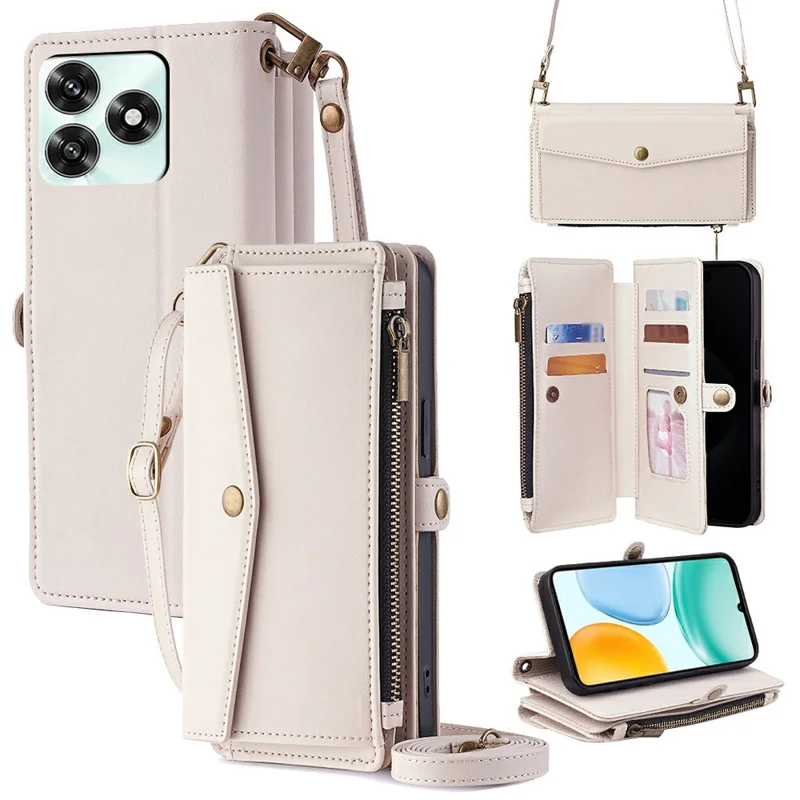 For Honor X5c 4G Case Card Slots Zipper Purse PU Leather Phone Cover with Shoulder Strap - White