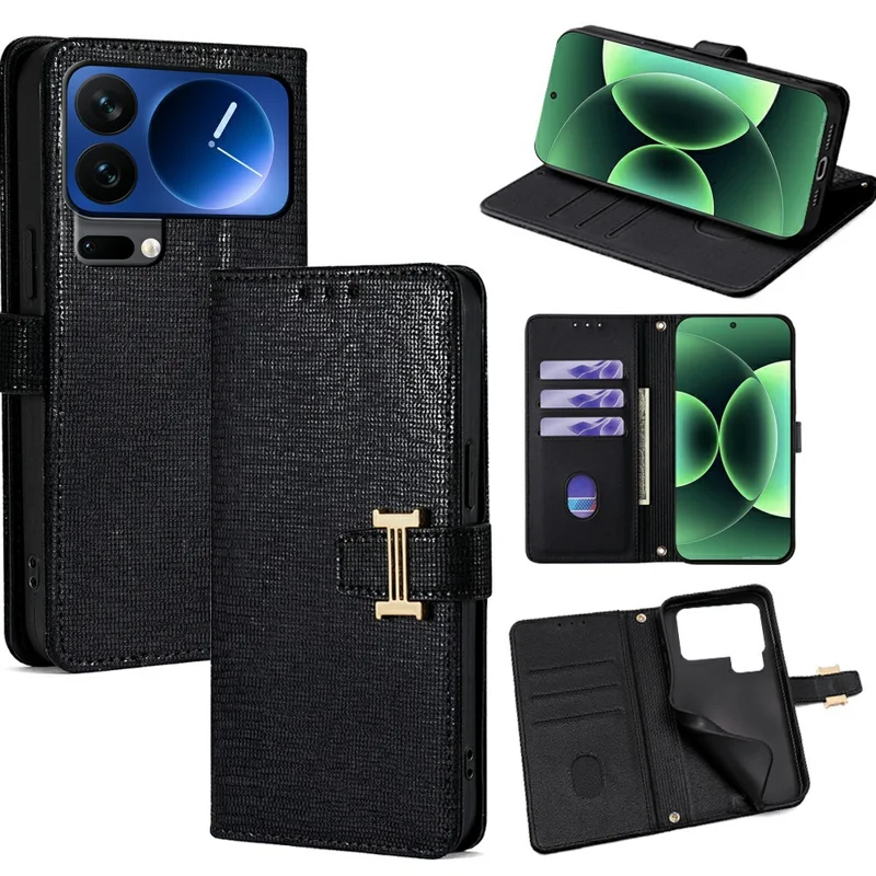 For Xiaomi 17 Pro Case Metal I-Buckle PU Leather Wallet Phone Cover - Black