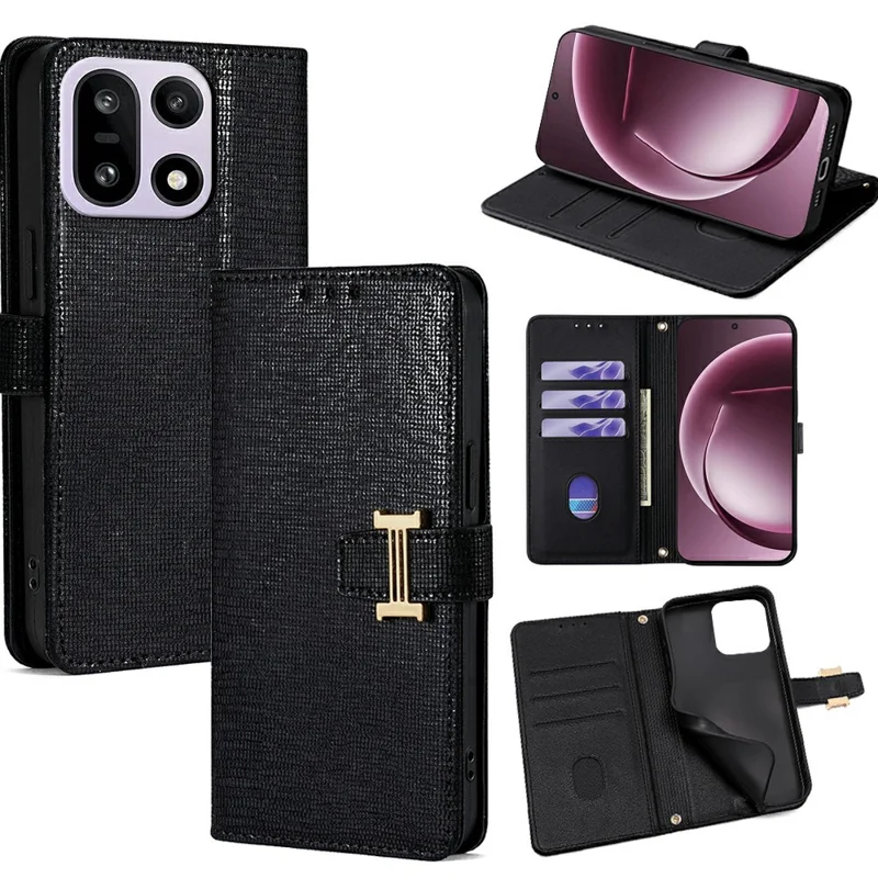 For OnePlus 15 5G Case Metal I-Buckle PU Leather Wallet Phone Cover - Black