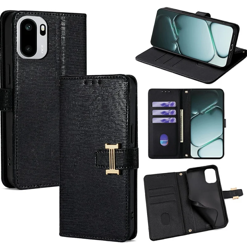 For OnePlus Ace 6T 5G / Ace 6 5G Case Metal I-Buckle PU Leather Wallet Phone Cover - Black