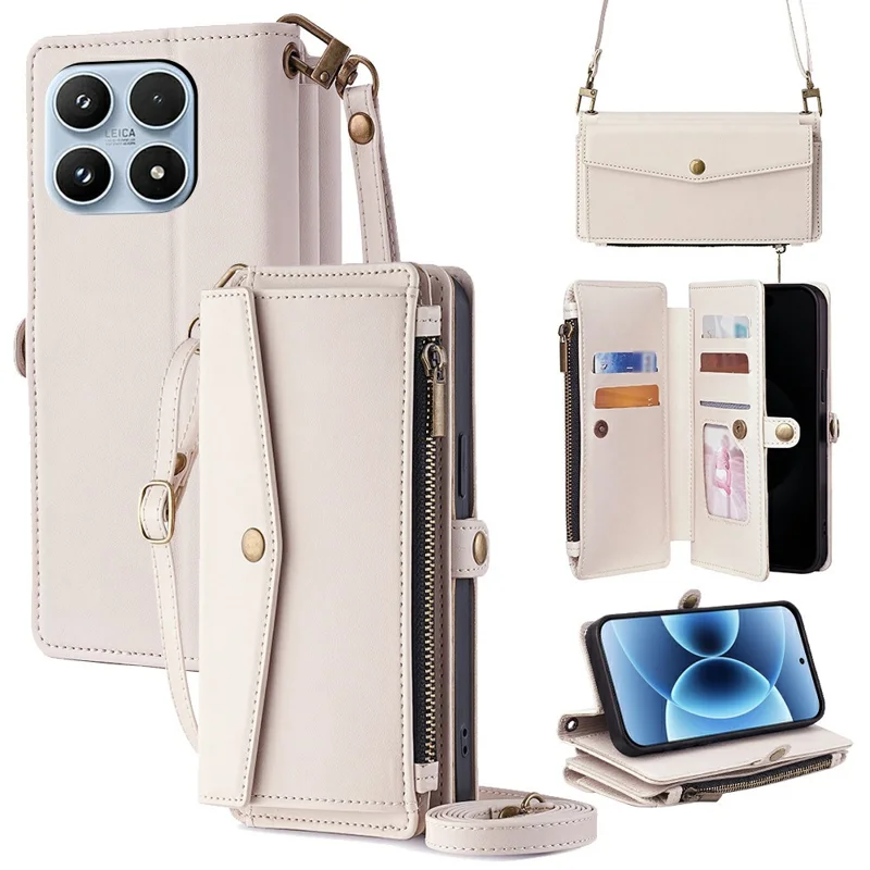 For Xiaomi 17 Case Card Slots Zipper Purse PU Leather Phone Cover with Shoulder Strap - White