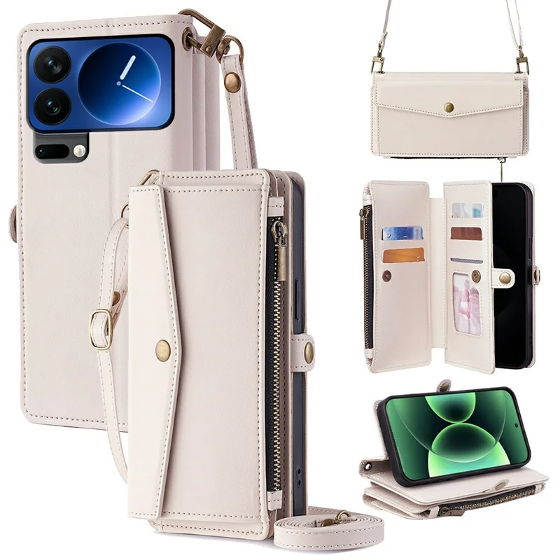 For Xiaomi 17 Pro Max Case Card Slots Zipper Purse PU Leather Phone Cover with Shoulder Strap - White