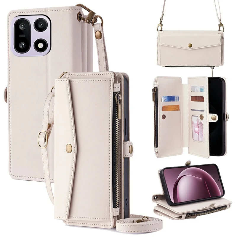 For OnePlus 15 5G Case Card Slots Zipper Purse PU Leather Phone Cover with Shoulder Strap - White