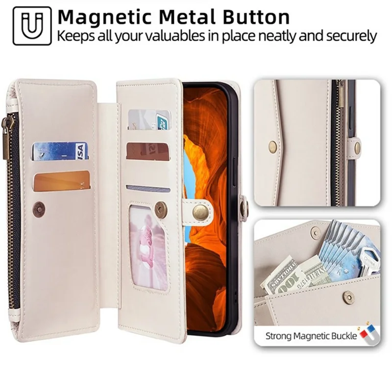 For OnePlus 15 5G Case Card Slots Zipper Purse PU Leather Phone Cover with Shoulder Strap - White